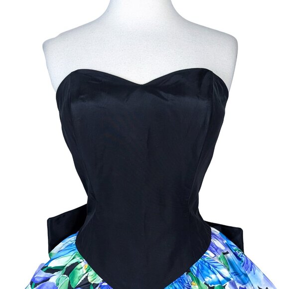 Vintage 80s Strapless Blue Floral Print Short Tiered Prom Cocktail Party Dress M - Picture 3 of 12